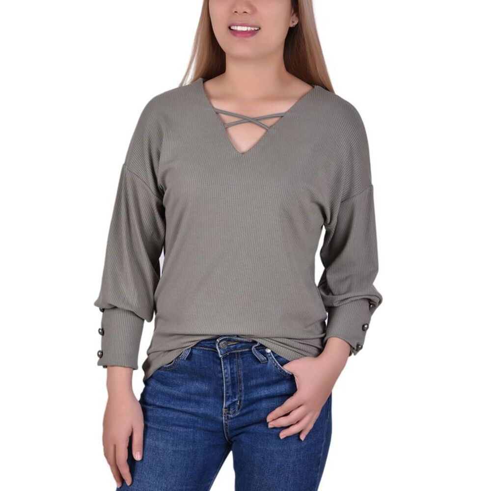 NY Collection Petite Long Sleeve Criss Cross Neck Pullover Top